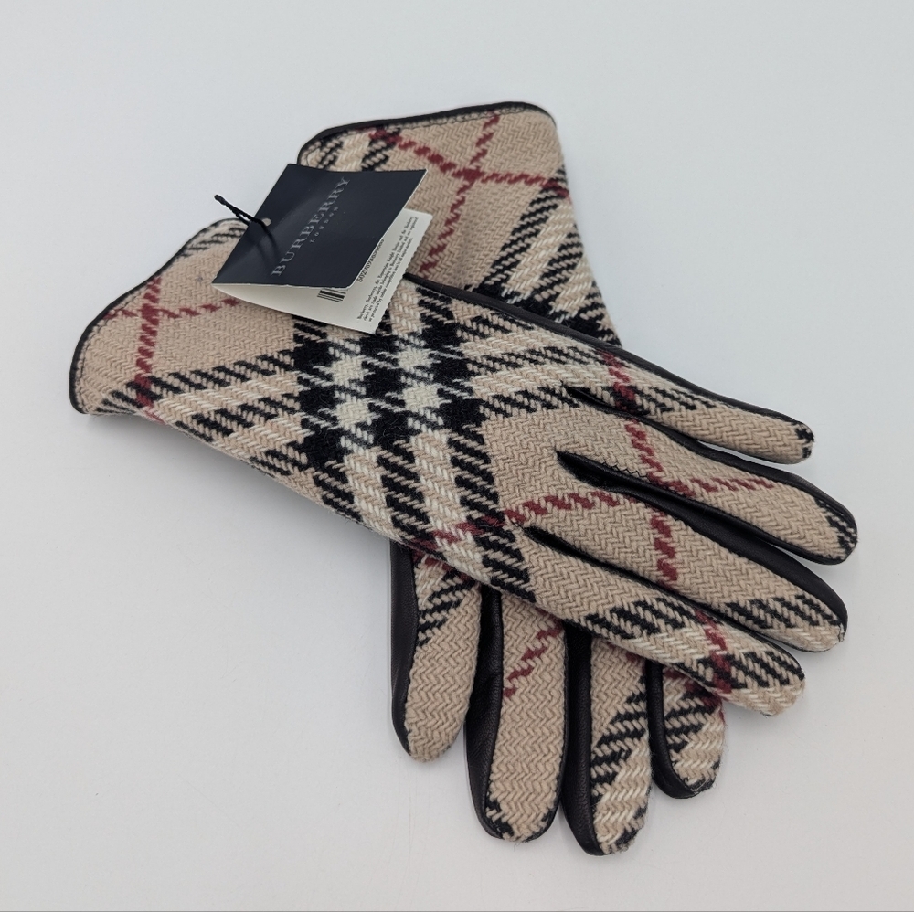 Burberry Lambswool Leather Gloves Black 7.5 Authentic Winter Luxury Women's NWT